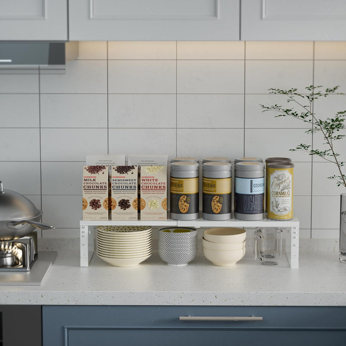 Expandable Spice Rack Kitchen Cabinet Shelf Organizer, Stackable Storage Shelves Racks, Adjustable Counter Shelving for Cabinets, Countertop, Cupboard,Pantry and More(1Pack/White/Medium)
