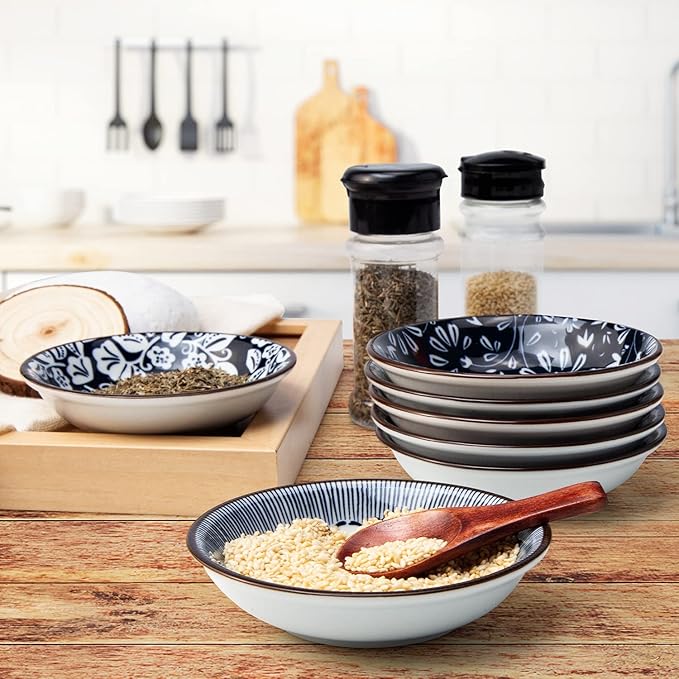 Dipping Bowls, Soy Sauce Dish Ceramic, 3 OZ Small Serving Bowls for Side Dishes Vintage Blue Stylish Design, Set of 6 Mini Appetizer Plates for Condiment Sushi Ketchup BBQ Party, 4 Inch