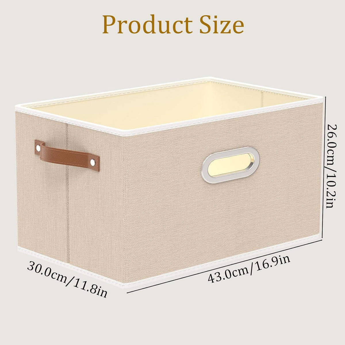 Yawinhe Fabric Storage Bins with Handles, Foldable Baskets for Shelves, Cubes with 3 Handles, Large Boxes for Clothes, Beige, 16.9''Lx11.8''Wx10.2''H, 4-Pack