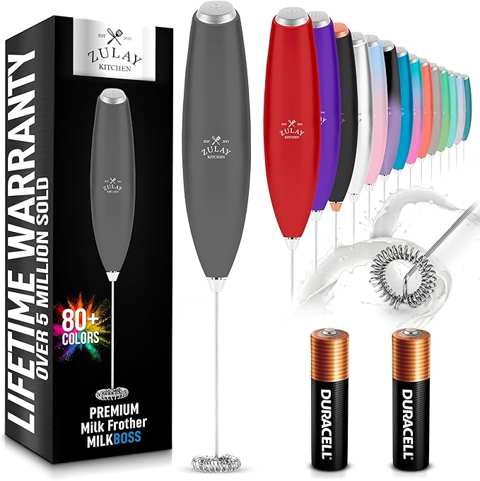 Zulay Kitchen Milk Frother Handheld Electric Whisk with AA Duracell Batteries – Durable Drink Mixer for Coffee, Lattes, Cappuccinos & More - Charcoal