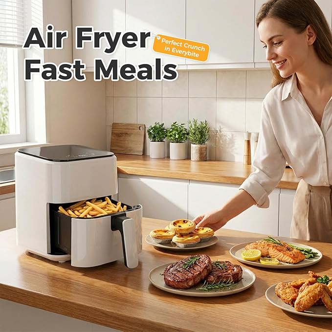 OLIXIS 3QT Air Fryer, Small Air Fryer with Digital PP Touch Panel, 400℉ Max Temp, Overheat Protection and Auto Shut-off, Nonstick and Dishwasher Safe Basket for Roast, Bake, Broil, Reheat, White
