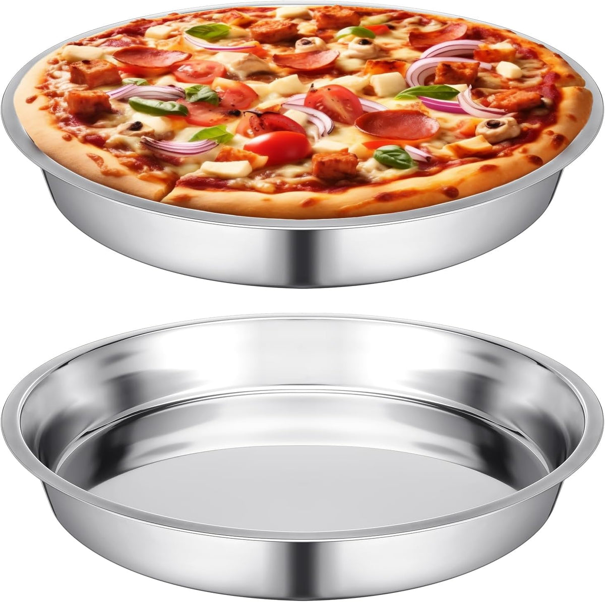 Nuogo 2 Pcs 16 Inch Large Deep Pizza Pans Stainless Steel Pizza Tray Round Oven Tray Rust Proof Reusable Bakeware Cooking Pan Dishwasher Safe for Baking, Serving, and Displaying Cookie Pie