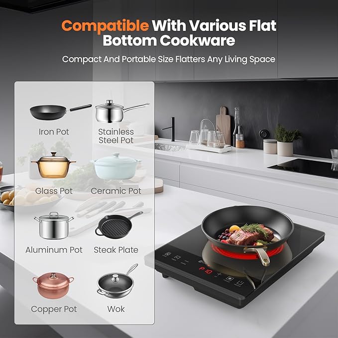 Electric Hot Plate,Nuopuplai Single Countertop Burner Portable Ceramic Cooktop For Cooking Ultra-thin Electric Stove Infrared Cooker,24-Hour Timer Child Safety Lock,Compatible With All Cookware 1800W