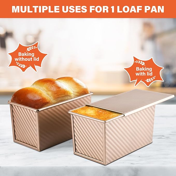 Pullman Loaf Pan with Lid, 2 Pack 1 lb Dough Capacity for Homemade Bread, Non-stick Corrugated Carbon Steel Bread Toast Box with Cover for Bakeware, Sandwich & Toast Oven Baking, Gold