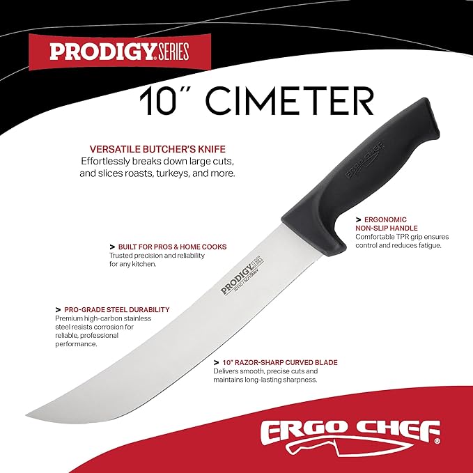 Ergo Chef Prodigy Series 10-Inch Cimeter Breaking Knife - High Carbon Stainless Steel Curved Blade Butcher Meat Knife, Ergonomic Non-Slip Handle, Black