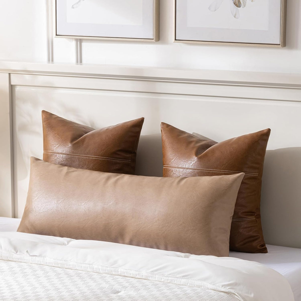 Fancy Homi Tan Long Lumbar Faux Leather Body Decorative Throw Pillow Cover 14x36 Inch for Bedroom Couch Bed Bench, Thick Beige Solid Rectangular Waterproof Cushion Case, Boho Farmhouse Room Decor