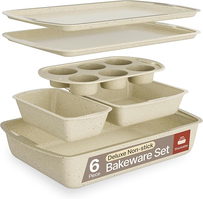 Bakken Swiss - Bakeware Set – 6 Piece – Stackable, Deluxe, Non-Stick Baking Pans for Professional and Home Cooking – Carbon Steel, White Stone Coating