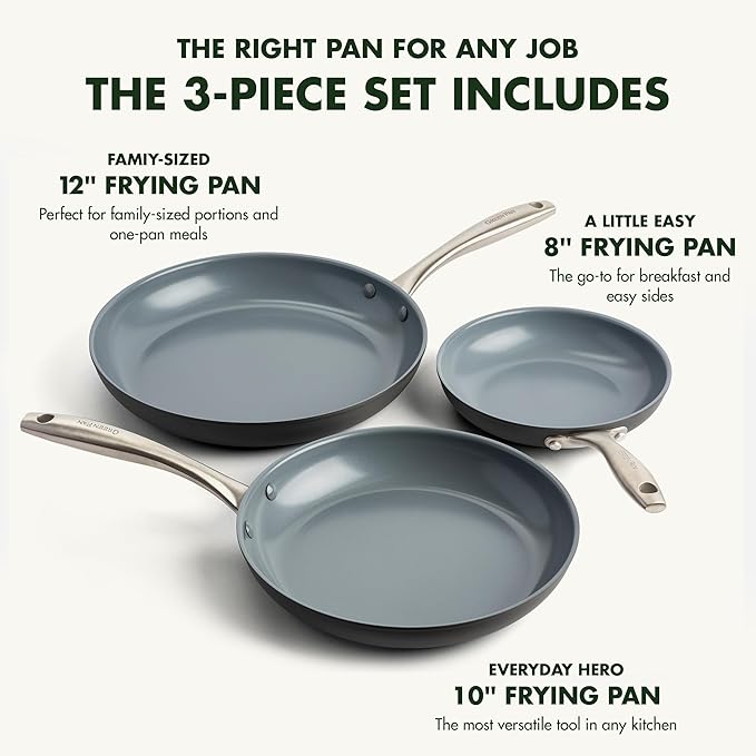 GreenPan Lima Hard Anodized 8" 10" & 12" Frying Pan Skillet Set, Ceramic Nonstick, PFAS-Free Nontoxic Pots & Pans, Oven & Broiler Safe, Stainless Steel Handles, Cookware for Eggs & Omelet, Gray