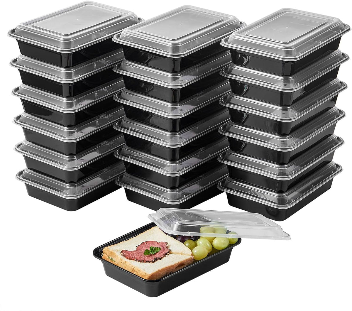 FULING 150 Pack Meal Prep Plastic Food Storage Containers With Lids 28 oz 1 Compartment Black Rectangular Reusable To Go Lunch Prepping Boxes BPA-Free Microwavable Freezer Dishwasher Safe Stackable