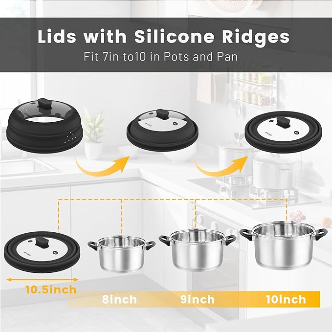 Microwave Splatter Cover, Collapsible Silicone Microwave Plate Cover with Glass for Food, Splatter Guard Lid 10.8 inch Black