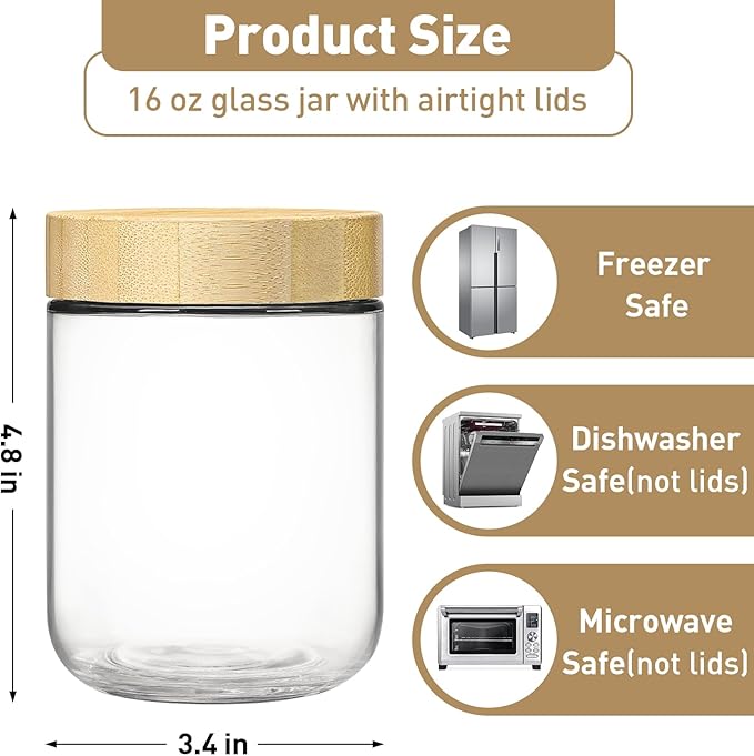 Overnight Oats Containers with Lids,16oz Wide Mouth Glass Mason Jars with Bamboo Lid,Overnight Oats Jars with Spoons,Meal Prep Jar with Airtight Lid for Yogurt,Chia Pudding,Snacks,Salad,Spice 4pack