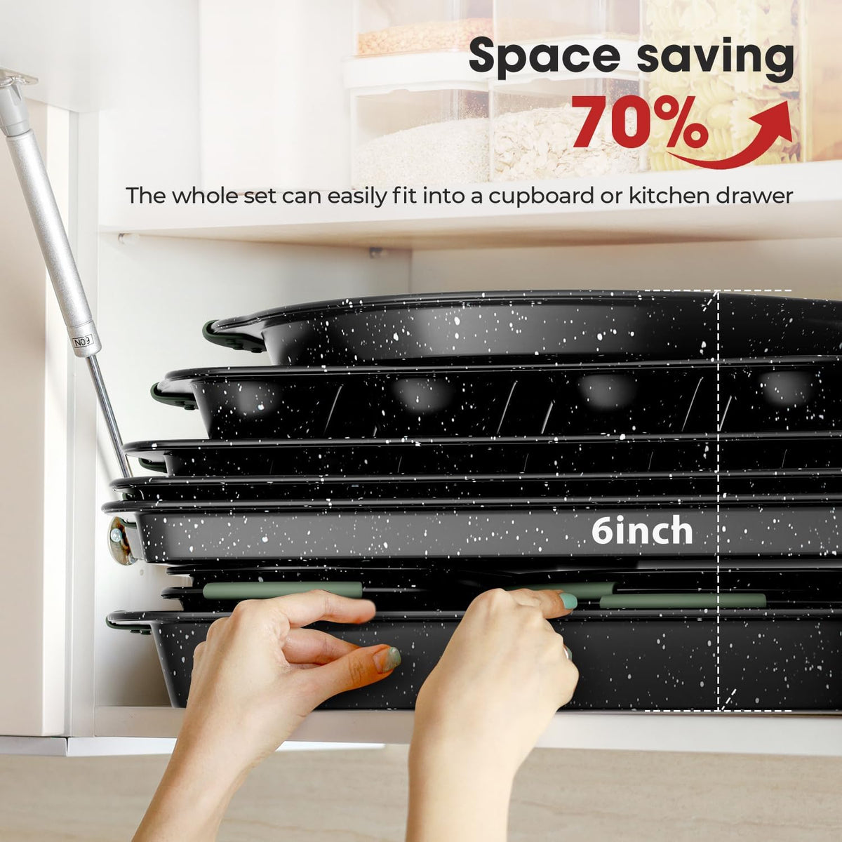 11-Piece Nonstick Bakeware Set, Stackable & Oven-Safe Kitchen Baking Pans with Silicone Handles - Includes Cookie Sheet, Cake Pan, Muffin Tin, Pizza Stone & Bread Loaf Pan, Dark Green&Black