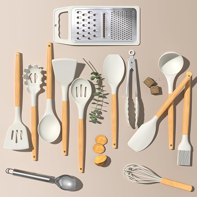 Umite Chef Silicone Kitchen Utensil Set, 34PCS Heat Resistant Kitchen Gadgets and Tools With Grater, Cream White Wood Handles for Nonstick Cookware