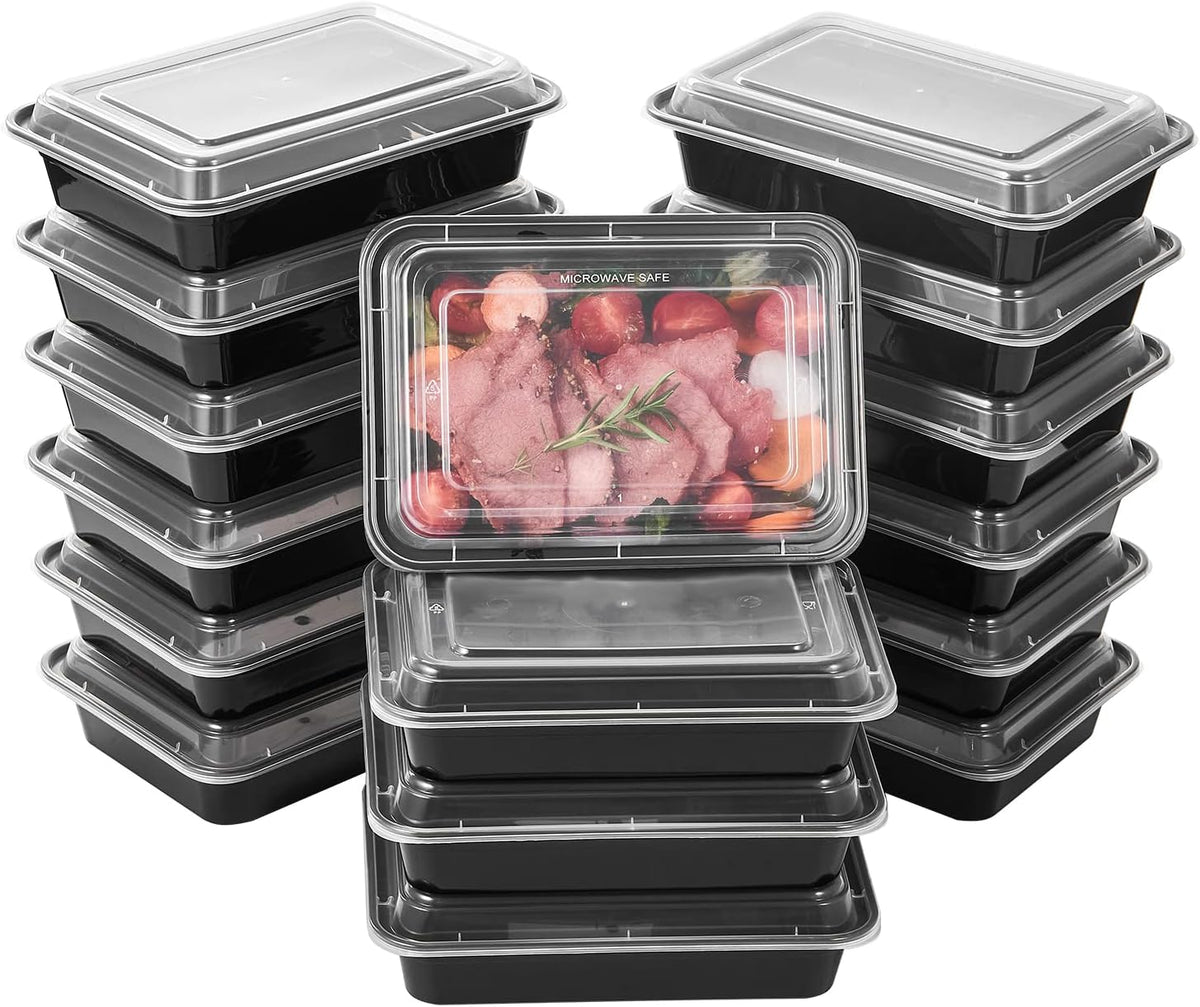 FULING 50 Pack Meal Prep Plastic Food Storage Containers With Lids 28 oz 1 Compartment Black Rectangular Reusable To Go Lunch Prepping Boxes BPA-Free Microwavable Freezer Dishwasher Safe Stackable