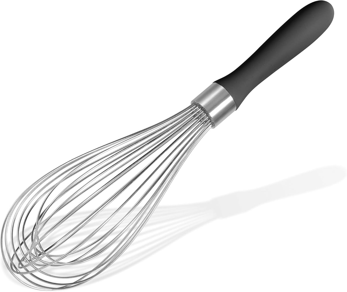 18/8 Stainless Steel Balloon Whisk, Doosu Kitchen Whisk for Cooking Handheld Egg Beater with Rust-Proof Sturdy Wires & Non-Slip Silicone Handle for Beating, Stirring, Blending (12 Wires, Black)