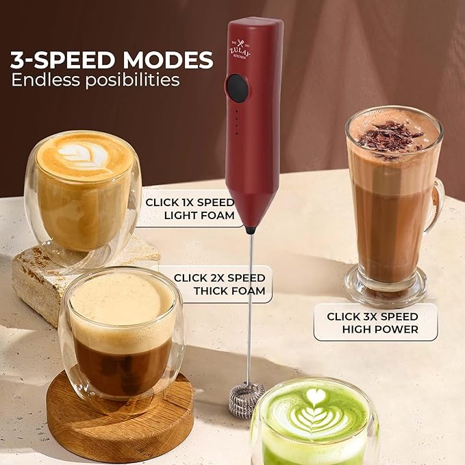 Zulay Kitchen Rechargeable Milk Frother - Dynamic - 3 Speeds, 3 Whisk Attachments, 500 mAh USB Charging, Drink Mixer For Latte, Cappuccino, Matcha, Protein Powder, Coffee Foam - Red Black