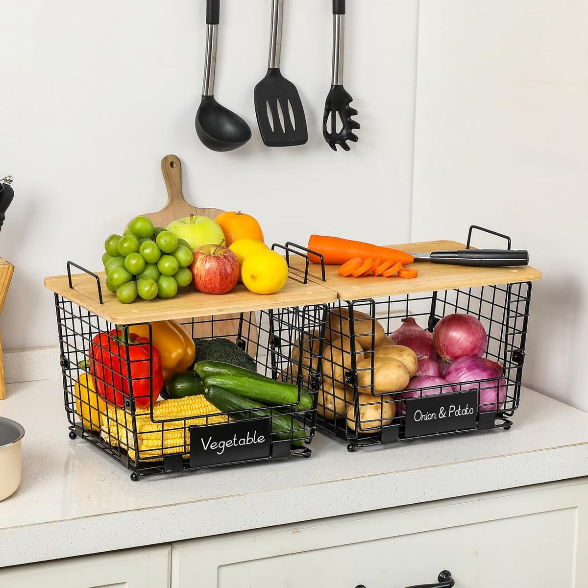 2 Set Large Stackable Wire Basket with Bamboo Tops & Tag- Pantry Organizer and Storage Bins, Kitchen Counter Cabinet Shelf Countertop Under Sink Organizing for Food Snack Produce Onion Potato Bread