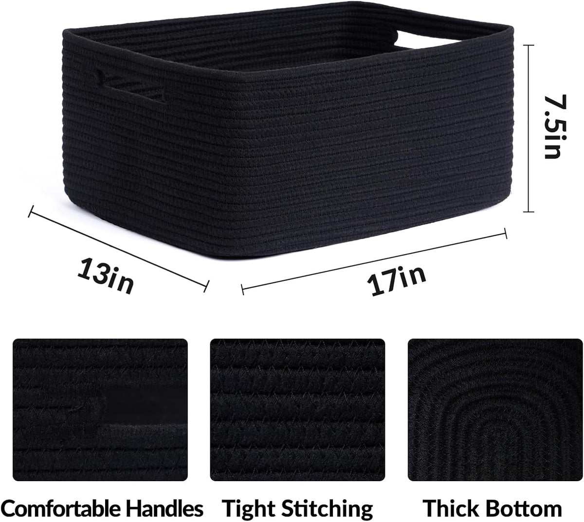 Large Storage Baskets for Organizing, Closet Shelf Baskets for Clothes Blanket Towels, Baby Nursery, Toy Bins Box, Woven Rope Baskets, 17 x 13 x 7.5”, 4 Packs Black