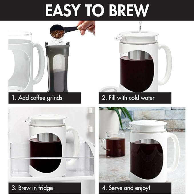 Primula Burke Deluxe Cold Brew Iced Coffee Maker, Comfort Grip Handle, Durable Glass Carafe, Removable Mesh Filter, Perfect 6 Cup Size, Dishwasher Safe, 1.6 qt, White
