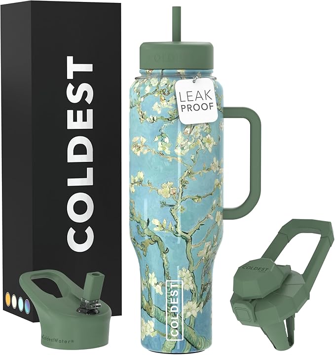 Coldest Tumbler with Handle and Straw, 100% Spill Proof Tumbler with Straw (3 Lids), Stainless Steel Insulated Leakproof Tumblers for Women Men, Cup Holder Friendly, 46 oz (Almond Blossom)