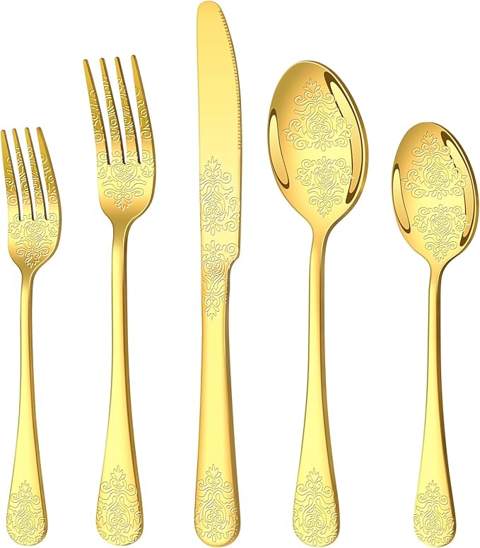 40 Pcs Gold Silverware Set for 8 with Classical Flower Embossed Design, Food Grade Stainless Steel Flatware Set, Eating Utensils Sets Include Fork/Knife/Spoon, Cutlery Set, Dishwasher Safe