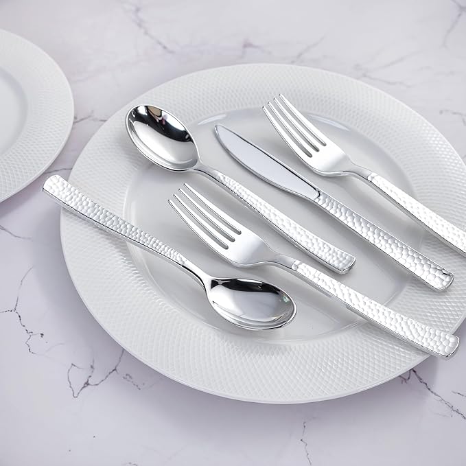 WELLIFE 300PCS Silver Plastic Silverware,Pre Rolled Silverware Set Disposable,Hammer Pattern Design,Disposable Cutlery Includes: 75 Forks, 75 Knives, 75 Spoons, 75 Napkins