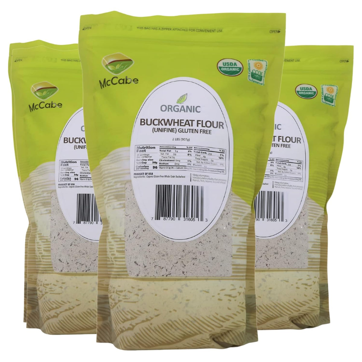 McCabe Organic Buckwheat Flour - Buckwheat Flour Organic | Rich with Fiber & Minerals | USDA and CCOF Certified | Packed in USA | 2Lbs (Pack of 3)