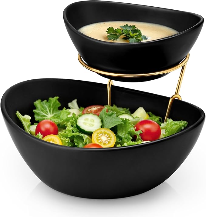 MALACASA 2 Tier Chip and Dip Serving Set with Metal Stand,Ceramic Appetizer Bowls for Party, Multi-Use Food Display for Fruits, Snacks,Black Elegant Tiered Serving Dishes for Party