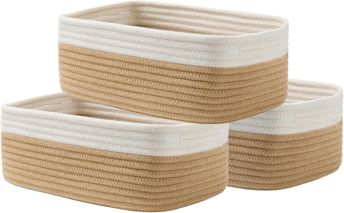 Small Woven Basket, 12 x 8 x 4.5 Inches, Storage Basket for Organizing, Cute Small Rope Shelf Closet Cube Storage Bins Baskets for Shelves, Dog Toy Gift Baskets Empty, 3 Pack White & Brown