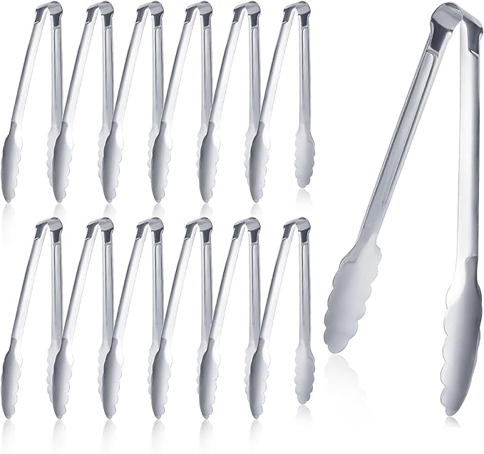 12 Pieces Buffet Tongs 7'' Serving Tongs Heavy Duty Stainless steel Kitchen and BBQ Utility Tong (Silver, 7inch)