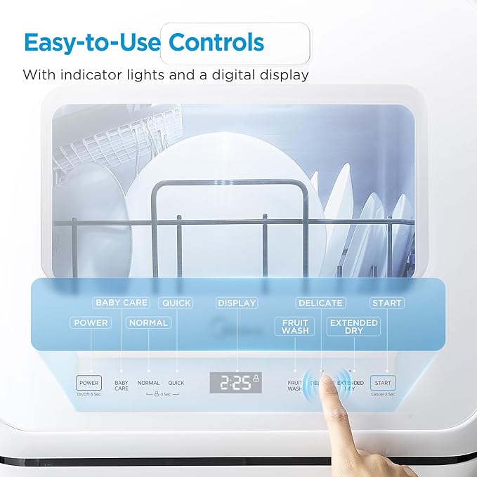 Midea MDC17P4CWW Portable Countertop Mini 1.32Gal Built-in Water Tank, Baby Care, No Hookup Needed, 360° Dual Spray,High-Temp wash, Dishwasher for Apartments& RVs, White, Whole