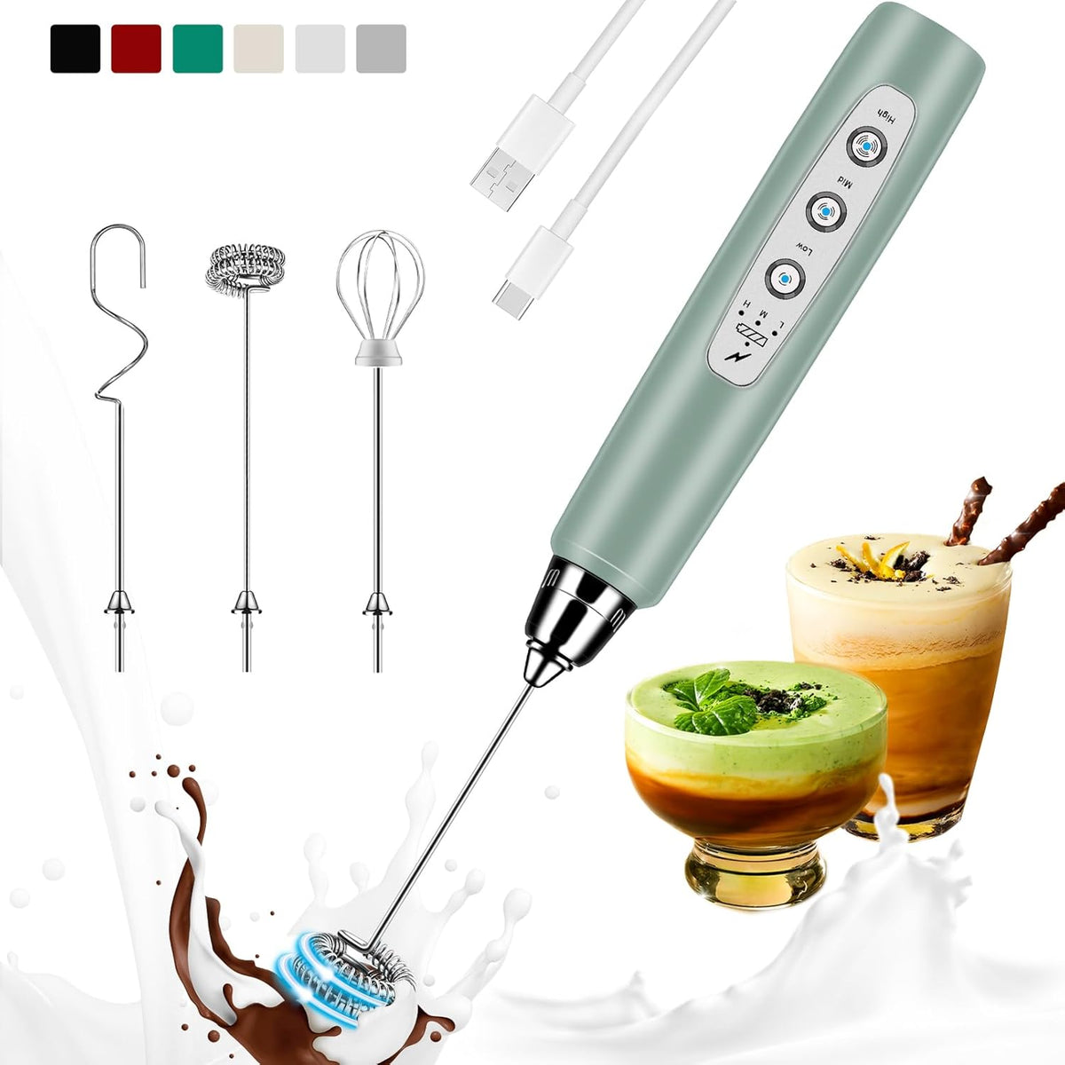 Milk Frother Handheld Rechargeable, Frother Wand Drink Mixer Electric Whisk for Coffee, Detachable With 3 Stainless Whisks, Hand Mixer for Lattes, Cappuccino, Matcha, No Stand, Sage Green