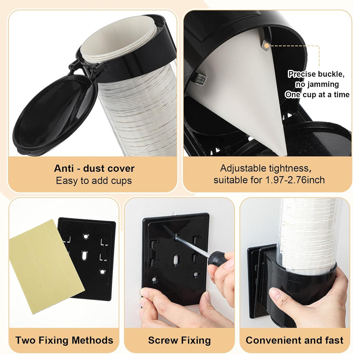 Roshtia 600 Pcs 4 oz Paper Cone Cups Thicken Disposable with 1 Cups Dispenser Pull Type Wall Mount Cup Holder Paper for Restaurants, Home, and Office, and Shaved Ice, Cold (Black)