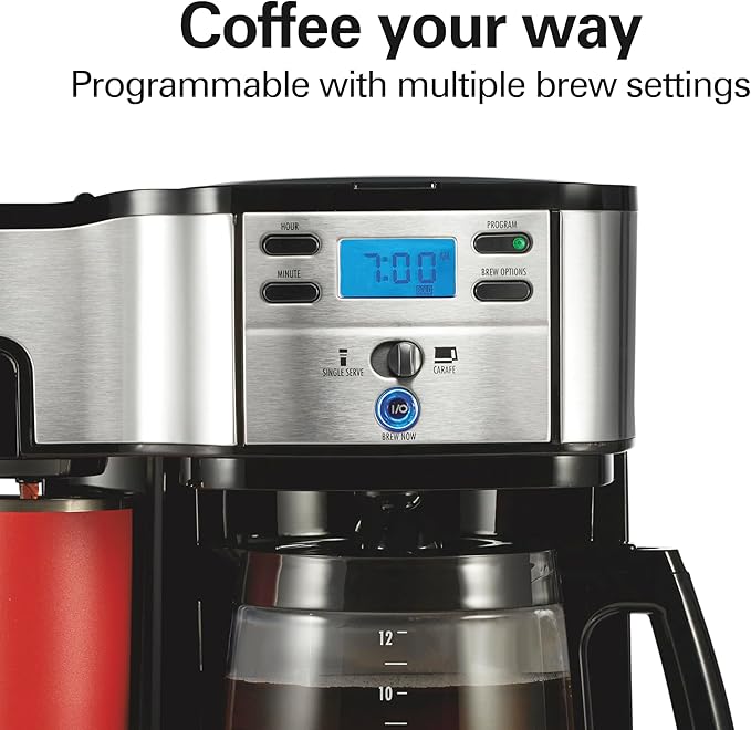 Hamilton Beach 2-Way Programmable Coffee Maker, 12 Cup Glass Carafe And Single Serve Coffee Maker, Black with Stainless Steel Accents, 49980RG