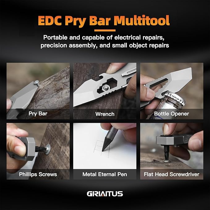 EDC Pry Bar Multitool with Bi-Directional Ratchet Screwdriver & Everlasting Pen, Wrenches, Crowbar, Bottle and Box Openers - Your Versatile Companion for Everyday Carry and Camping Accessories