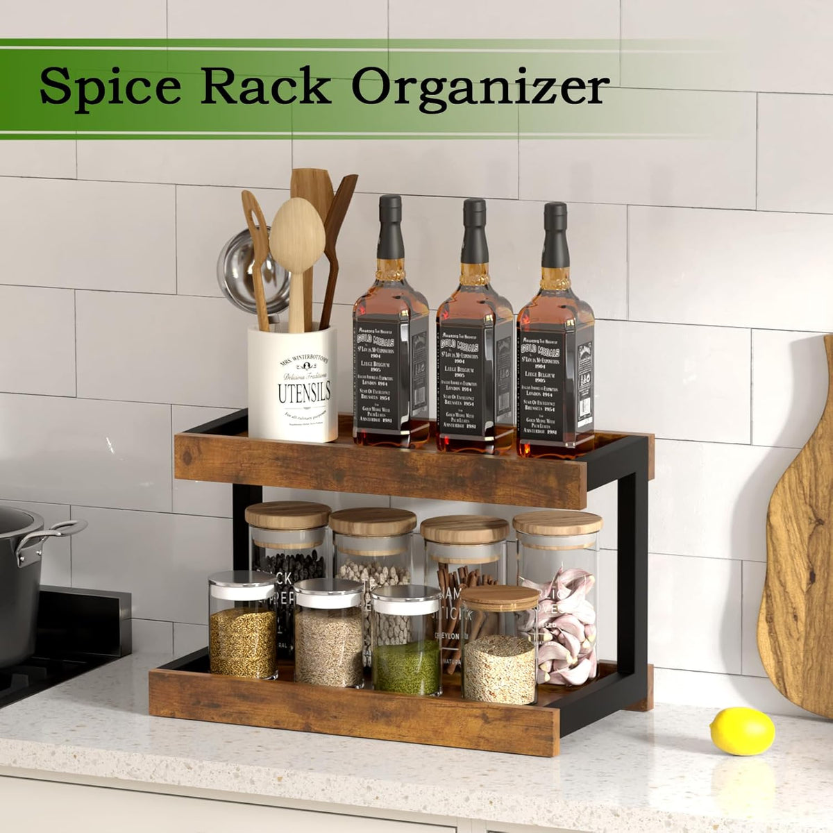MARTY 2 Tier Spice Rack Organizer for Countertop, 15.8''L Coffee Station/Bathroom Organizer Countertop, Counter Shelf Desktop Storage Organizer for Kitchen, Bedroom, Office (Rustic Brown)