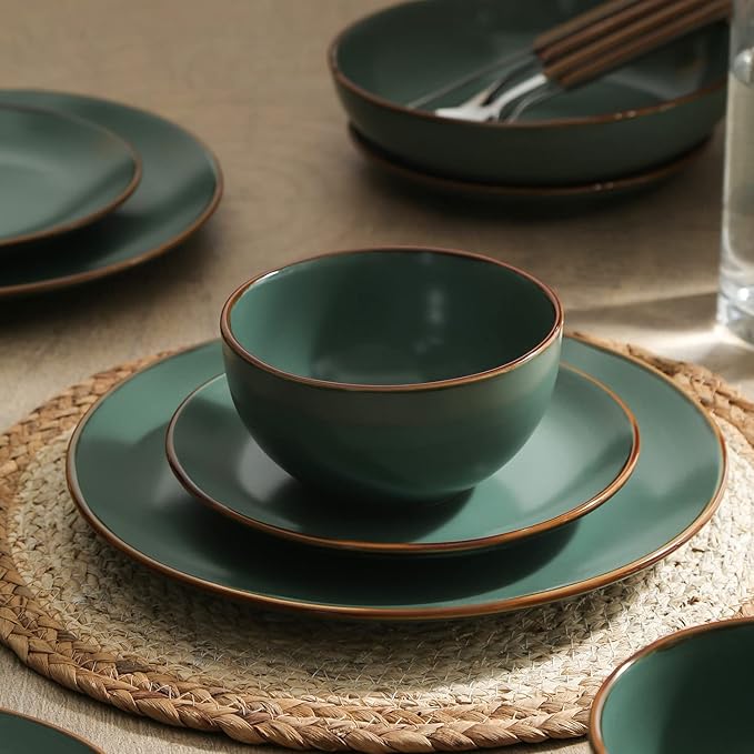 Stone Lain Brasa Modern Stoneware 32 Piece Dinnerware Sets, Plates and bowls Sets, Dish Set for 8, Green
