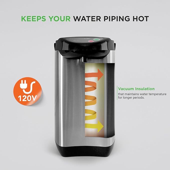 NutriChef Hot Water Urn Pot Insulated Stainless Steel,Auto & Manual Dispense,Auto Boiler,Safety Lock Shutoff 3.38 QT /3.2L - Auto Boiler Shut Off - PKWK43