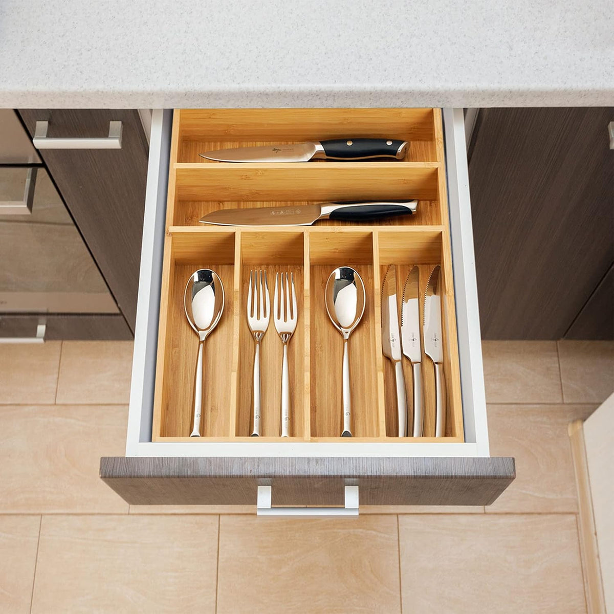 Umilife Kitchen Drawer Organizer, 12 Inch Silverware Utensil Tray Holder, Extra Deep, with Non-Slip Feet & Grooved Drawer Divider, 6 Slots Total Bamboo Wood Caddy for Flatware Cutlery Knives