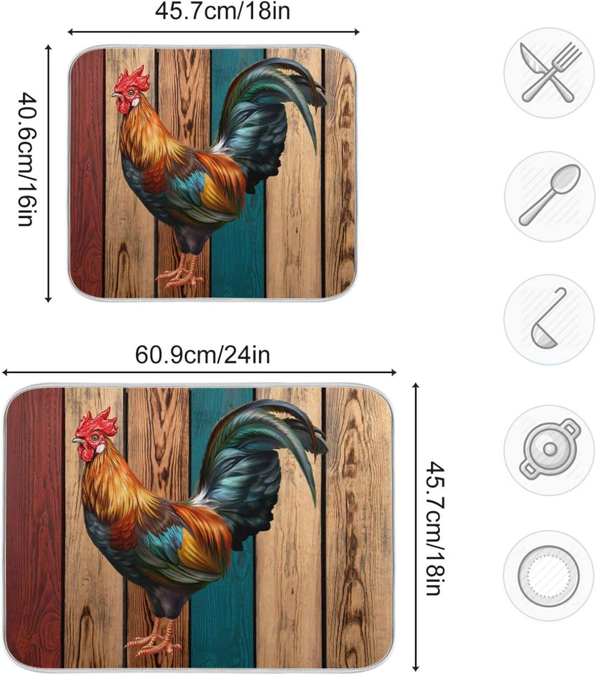 Rooster Dish Drying Mat for Kitchen Counter Farmhouse Absorbent Microfiber Drying Pad, Large 18x24 in, Reversible Drainer Mats