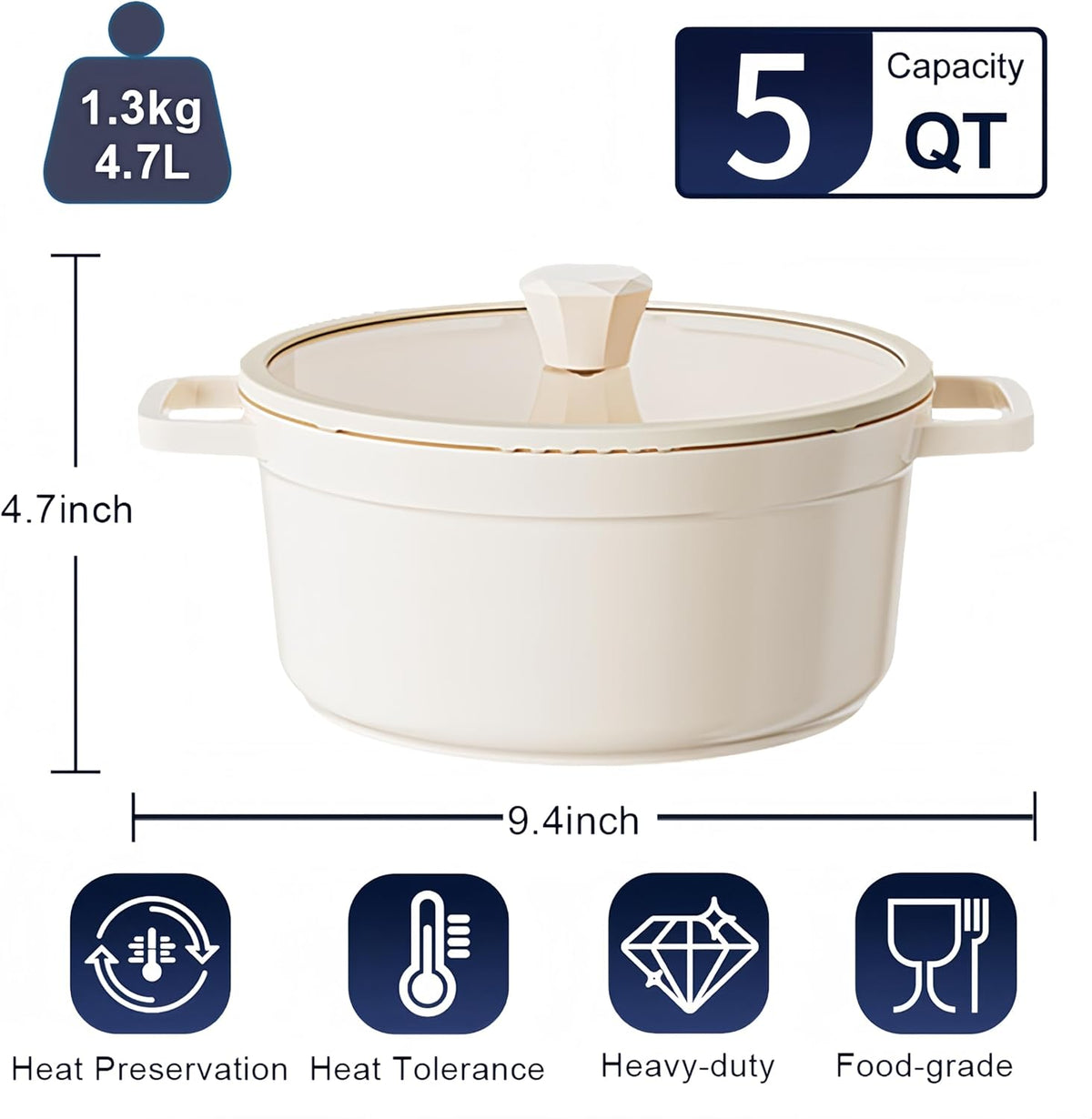 5QT Ceramic Nonstick Dutch Oven Pot with Glass Lid - Nonstick Induction StockPot with Lid Soup Ladle Spatula Healthy Cooking PFAS and PTFE Free
