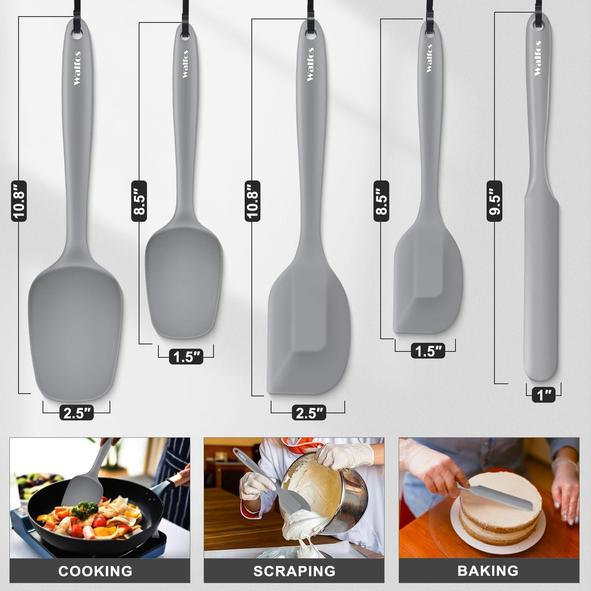 Walfos Silicone Spatula -5 Pieces Heat Resistant Kitchen Spoon Spatulas（600°F), Strong Steel Core and One-Pieces Seamless Design, Prefect for Cooking Mixing Baking - BPA Free and Dishwasher Safe,Gray