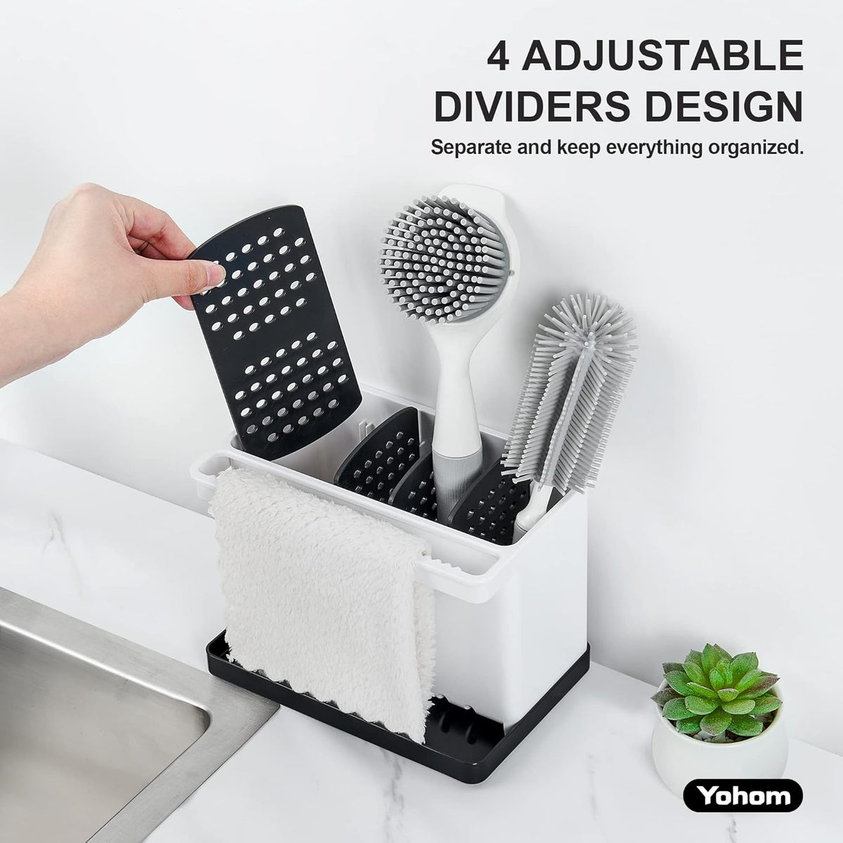 YOHOM Kitchen Sponge Brush Holder for Sink Black Dish Sponge Caddy Countertop Organizer Plastic Scrub Brush Holder with Dividers
