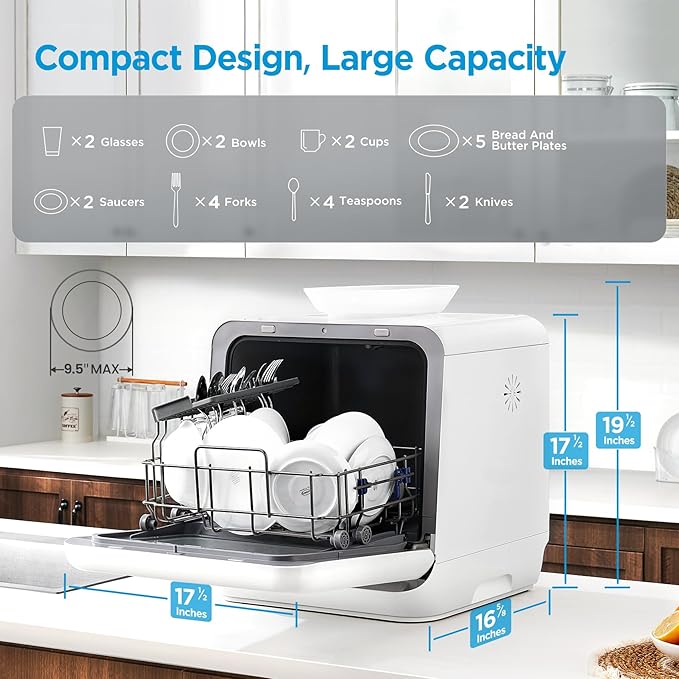 Midea MDC17P4CWW Portable Countertop Mini 1.32Gal Built-in Water Tank, Baby Care, No Hookup Needed, 360° Dual Spray,High-Temp wash, Dishwasher for Apartments& RVs, White, Whole