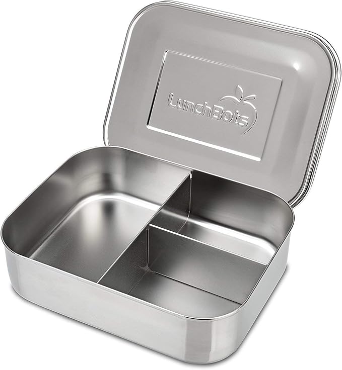LunchBots Medium Trio II Snack Container - Divided Stainless Steel Food Container - 3 Sections for Snacks On the Go, Dishwasher Safe - Stainless Steel