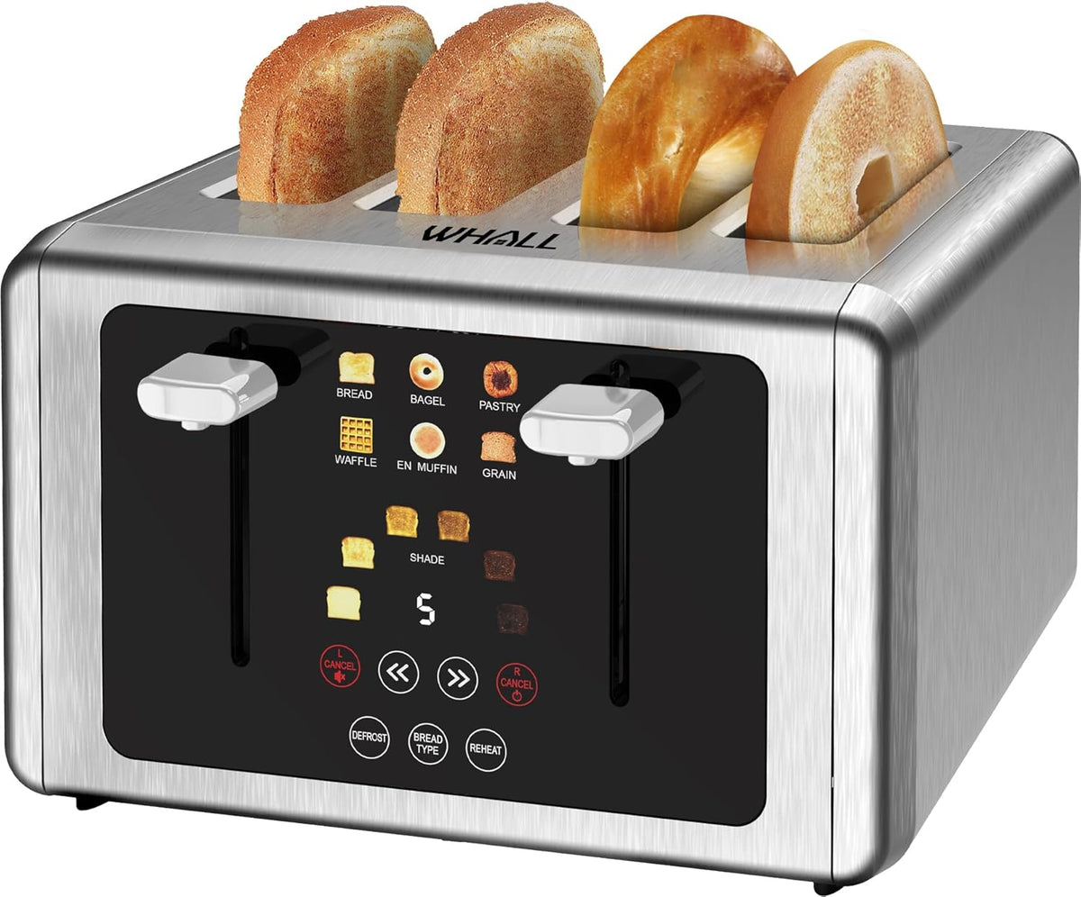 whall 4 Slice Touch Screen Toaster, Stainless Steel Toasters Digital Timer, Dual Control Panel Toasters，6 Shade Settings＆6 Bread Types, Smart Wide Slots, Bagel, Cancel, Defrost,White