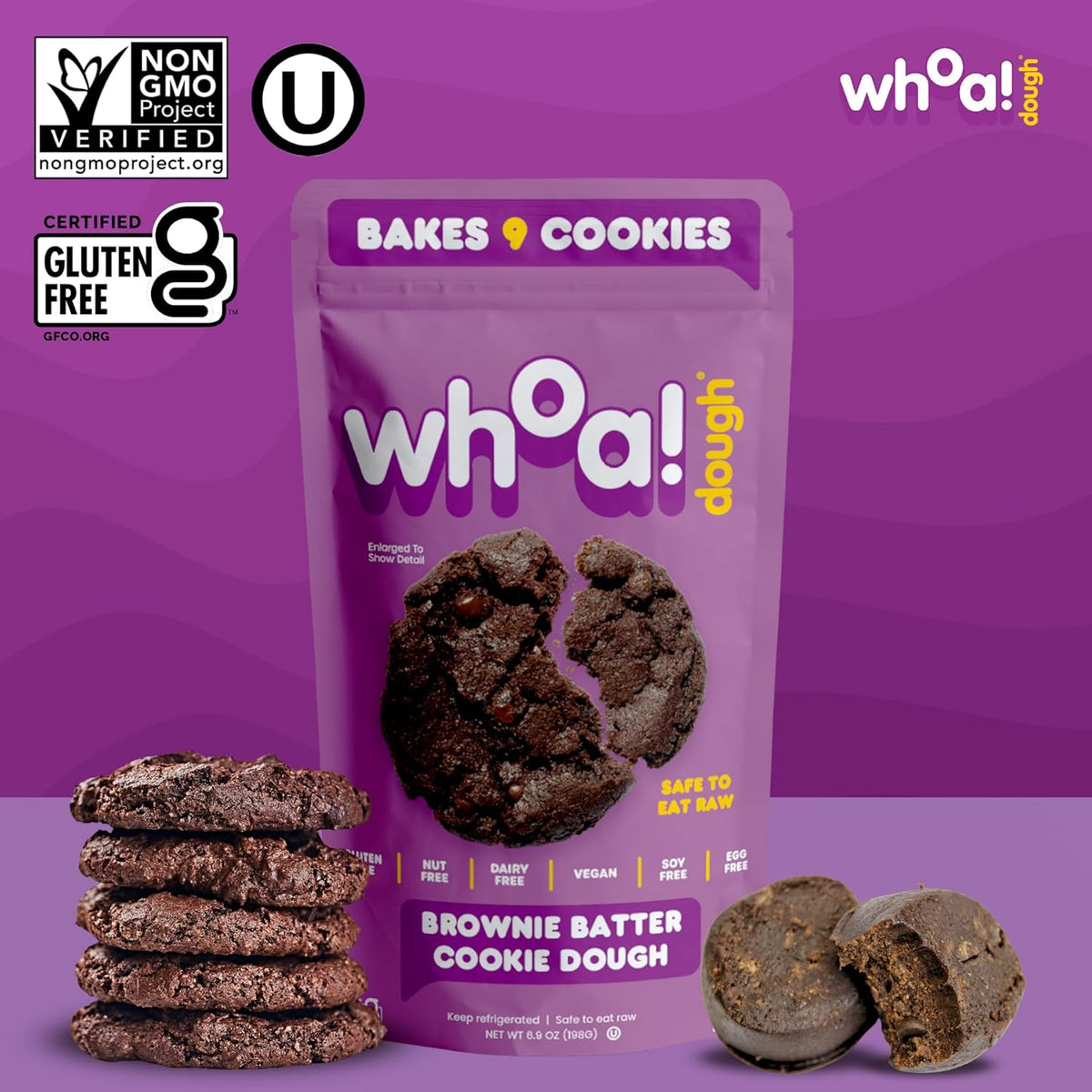Whoa Dough Ready to Bake Cookie Dough Brownie Batter – Certified Non-GMO, Kosher, Gluten Free – Plant-Based Snack Dough Made with Real Ingredients – 6 Pack