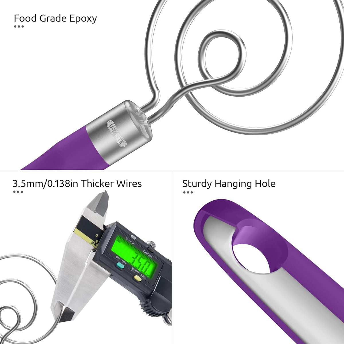 U-Taste 12.6in Danish Dough Whisk: 18/8 Stainless Steel Heavy-Duty Sourdough Mixer Tool, Food Grade Dutch Style Seamless Bread Wisk, Sturdy for Mixing, Stirring, Kneading Thick Batter (Purple)