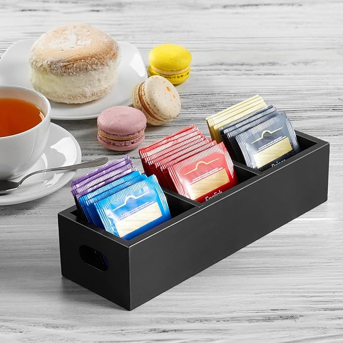 DRASTAR Tea Bag Organizer, Black Wooden Tea Bag Holder, Tea Storage Containers with 3 Slots, Sugar Packet Holder, Tea Bag Caddy Box for Countertop