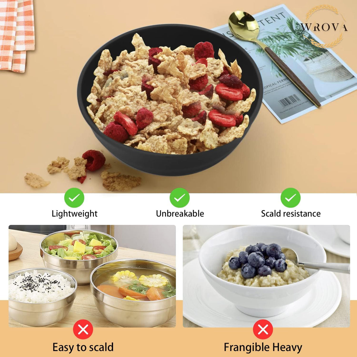 Wheat Straw Bowls Set 60 OZ Unbreakable Large Cereal Bowls Set of 6 Microwave and Dishwasher Safe Bowls Big Bowls for Camping and Picnic BPA Free Soup Bowl for Serving Oatmeal and Salad. Black